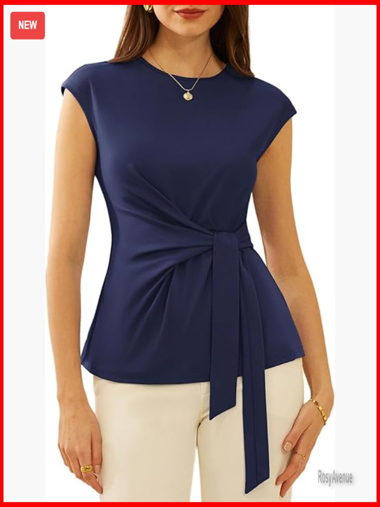 Cap Sleeve Tie Waist Blouse Crew Neck Dressy Summer Work Top